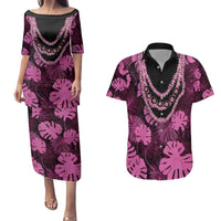 Pink Hawaii Kukui Nut Lei Couples Matching Puletasi and Hawaiian Shirt Hawaiian Pattern Monstera Tropical Vibes - Polynesian Pride