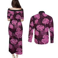 Pink Hawaii Kukui Nut Lei Couples Matching Puletasi and Long Sleeve Button Shirt Hawaiian Pattern Monstera Tropical Vibes - Polynesian Pride
