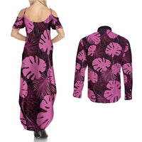 Pink Hawaii Kukui Nut Lei Couples Matching Summer Maxi Dress and Long Sleeve Button Shirt Hawaiian Pattern Monstera Tropical Vibes - Polynesian Pride