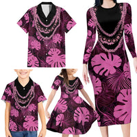 Pink Hawaii Kukui Nut Lei Family Matching Long Sleeve Bodycon Dress and Hawaiian Shirt Hawaiian Pattern Monstera Tropical Vibes - Polynesian Pride