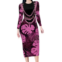 Pink Hawaii Kukui Nut Lei Family Matching Long Sleeve Bodycon Dress and Hawaiian Shirt Hawaiian Pattern Monstera Tropical Vibes - Polynesian Pride
