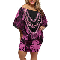 Pink Hawaii Kukui Nut Lei Family Matching Off Shoulder Short Dress and Hawaiian Shirt Hawaiian Pattern Monstera Tropical Vibes - Polynesian Pride