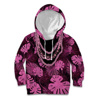 Pink Hawaii Kukui Nut Lei Kid Hoodie Hawaiian Pattern Monstera Tropical Vibes - Polynesian Pride