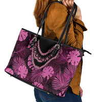 Pink Hawaii Kukui Nut Lei Leather Tote Bag Hawaiian Pattern Monstera Tropical Vibes - Polynesian Pride
