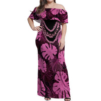 Pink Hawaii Kukui Nut Lei Off Shoulder Maxi Dress Hawaiian Pattern Monstera Tropical Vibes - Polynesian Pride