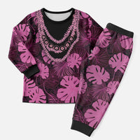 Pink Hawaii Kukui Nut Lei Christmas Pajama Set Hawaiian Pattern Monstera Tropical Vibes - Polynesian Pride