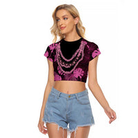 Pink Hawaii Kukui Nut Lei Raglan Cropped T Shirt Hawaiian Pattern Monstera Tropical Vibes - Polynesian Pride
