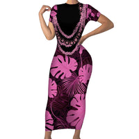 Pink Hawaii Kukui Nut Lei Short Sleeve Bodycon Dress Hawaiian Pattern Monstera Tropical Vibes LT14 Long Dress Pink - Polynesian Pride