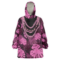 Pink Hawaii Kukui Nut Lei Wearable Blanket Hoodie Hawaiian Pattern Monstera Tropical Vibes - Polynesian Pride