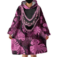Pink Hawaii Kukui Nut Lei Wearable Blanket Hoodie Hawaiian Pattern Monstera Tropical Vibes - Polynesian Pride