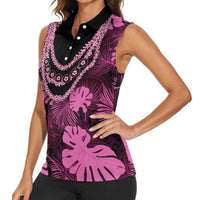 Pink Hawaii Kukui Nut Lei Women Sleeveless Polo Shirt Hawaiian Pattern Monstera Tropical Vibes - Polynesian Pride