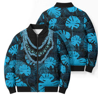 Blue Hawaii Kukui Nut Lei Bomber Puffer Jacket Hawaiian Pattern Monstera Tropical Vibes - Polynesian Pride