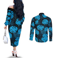 Blue Hawaii Kukui Nut Lei Couples Matching Off The Shoulder Long Sleeve Dress and Long Sleeve Button Shirt Hawaiian Pattern Monstera Tropical Vibes - Polynesian Pride