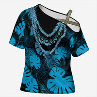 Blue Hawaii Kukui Nut Lei Cross Shoulder Shirt Hawaiian Pattern Monstera Tropical Vibes - Polynesian Pride