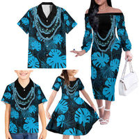 Blue Hawaii Kukui Nut Lei Family Matching Off The Shoulder Long Sleeve Dress and Hawaiian Shirt Hawaiian Pattern Monstera Tropical Vibes - Polynesian Pride