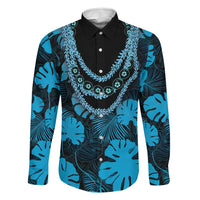 Blue Hawaii Kukui Nut Lei Family Matching Off The Shoulder Long Sleeve Dress and Hawaiian Shirt Hawaiian Pattern Monstera Tropical Vibes - Polynesian Pride
