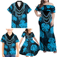 Blue Hawaii Kukui Nut Lei Family Matching Off Shoulder Maxi Dress and Hawaiian Shirt Hawaiian Pattern Monstera Tropical Vibes - Polynesian Pride