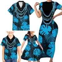 Blue Hawaii Kukui Nut Lei Family Matching Short Sleeve Bodycon Dress and Hawaiian Shirt Hawaiian Pattern Monstera Tropical Vibes - Polynesian Pride