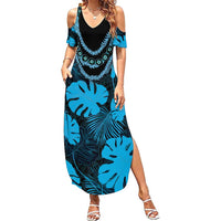Blue Hawaii Kukui Nut Lei Family Matching Summer Maxi Dress and Hawaiian Shirt Hawaiian Pattern Monstera Tropical Vibes - Polynesian Pride