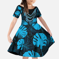 Blue Hawaii Kukui Nut Lei Kid Short Sleeve Dress Hawaiian Pattern Monstera Tropical Vibes - Polynesian Pride