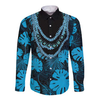 Blue Hawaii Kukui Nut Lei Long Sleeve Button Shirt Hawaiian Pattern Monstera Tropical Vibes - Polynesian Pride