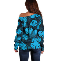Blue Hawaii Kukui Nut Lei Off Shoulder Sweater Hawaiian Pattern Monstera Tropical Vibes - Polynesian Pride