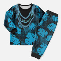 Blue Hawaii Kukui Nut Lei Christmas Pajama Set Hawaiian Pattern Monstera Tropical Vibes - Polynesian Pride