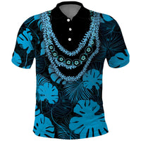 Blue Hawaii Kukui Nut Lei Polo Shirt Hawaiian Pattern Monstera Tropical Vibes - Polynesian Pride