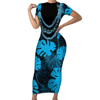 Blue Hawaii Kukui Nut Lei Short Sleeve Bodycon Dress Hawaiian Pattern Monstera Tropical Vibes - Polynesian Pride