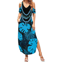 Blue Hawaii Kukui Nut Lei Summer Maxi Dress Hawaiian Pattern Monstera Tropical Vibes LT14 Women Blue - Polynesian Pride