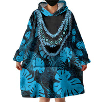 Blue Hawaii Kukui Nut Lei Wearable Blanket Hoodie Hawaiian Pattern Monstera Tropical Vibes - Polynesian Pride