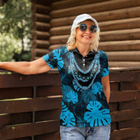 Blue Hawaii Kukui Nut Lei Women Polo Shirt Hawaiian Pattern Monstera Tropical Vibes - Polynesian Pride