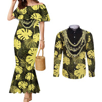 Yellow Hawaii Kukui Nut Lei Couples Matching Mermaid Dress and Long Sleeve Button Shirt Hawaiian Pattern Monstera Tropical Vibes - Polynesian Pride