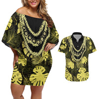 Yellow Hawaii Kukui Nut Lei Couples Matching Off Shoulder Short Dress and Hawaiian Shirt Hawaiian Pattern Monstera Tropical Vibes - Polynesian Pride