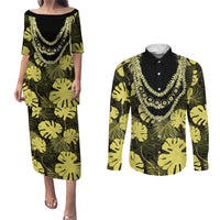 Yellow Hawaii Kukui Nut Lei Couples Matching Puletasi and Long Sleeve Button Shirt Hawaiian Pattern Monstera Tropical Vibes LT14 Yellow - Polynesian Pride