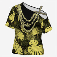 Yellow Hawaii Kukui Nut Lei Cross Shoulder Shirt Hawaiian Pattern Monstera Tropical Vibes - Polynesian Pride
