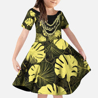 Yellow Hawaii Kukui Nut Lei Family Matching Off The Shoulder Long Sleeve Dress and Hawaiian Shirt Hawaiian Pattern Monstera Tropical Vibes - Polynesian Pride