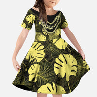 Yellow Hawaii Kukui Nut Lei Family Matching Off Shoulder Short Dress and Hawaiian Shirt Hawaiian Pattern Monstera Tropical Vibes - Polynesian Pride