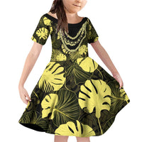 Yellow Hawaii Kukui Nut Lei Family Matching Off Shoulder Short Dress and Hawaiian Shirt Hawaiian Pattern Monstera Tropical Vibes - Polynesian Pride