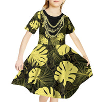 Yellow Hawaii Kukui Nut Lei Kid Short Sleeve Dress Hawaiian Pattern Monstera Tropical Vibes - Polynesian Pride