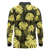 Yellow Hawaii Kukui Nut Lei Long Sleeve Polo Shirt Hawaiian Pattern Monstera Tropical Vibes - Polynesian Pride