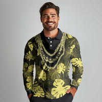 Yellow Hawaii Kukui Nut Lei Long Sleeve Polo Shirt Hawaiian Pattern Monstera Tropical Vibes - Polynesian Pride