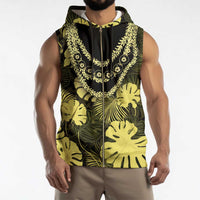 Yellow Hawaii Kukui Nut Lei Sleeveless Zip Hoodie Hawaiian Pattern Monstera Tropical Vibes - Polynesian Pride