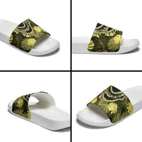 Yellow Hawaii Kukui Nut Lei Slide Sandals Hawaiian Pattern Monstera Tropical Vibes - Polynesian Pride