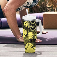 Yellow Hawaii Kukui Nut Lei Tumbler With Handle Hawaiian Pattern Monstera Tropical Vibes - Polynesian Pride