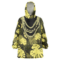 Yellow Hawaii Kukui Nut Lei Wearable Blanket Hoodie Hawaiian Pattern Monstera Tropical Vibes - Polynesian Pride