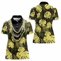 Yellow Hawaii Kukui Nut Lei Women Polo Shirt Hawaiian Pattern Monstera Tropical Vibes - Polynesian Pride