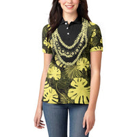 Yellow Hawaii Kukui Nut Lei Women Polo Shirt Hawaiian Pattern Monstera Tropical Vibes - Polynesian Pride