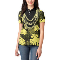 Yellow Hawaii Kukui Nut Lei Women Polo Shirt Hawaiian Pattern Monstera Tropical Vibes LT14 - Polynesian Pride