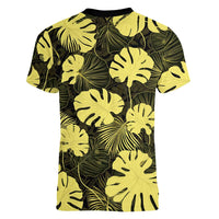Yellow Hawaii Kukui Nut Lei Women V-Neck T-Shirt Hawaiian Pattern Monstera Tropical Vibes - Polynesian Pride